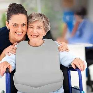 Babero de Silicona con Bolsillo para Adultos Mayores color gris | Babero de Alimentación Reutilizable, Suave y Fácil de Limpiar